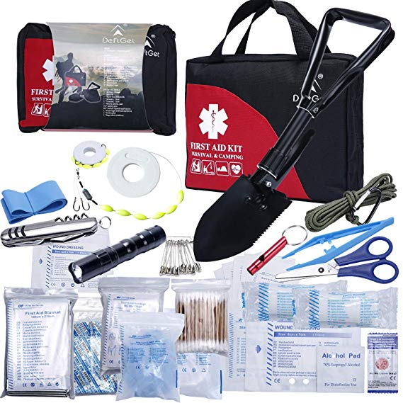 DeftGet First Aid Kit Refill for Car Home Camping Travel Office Sports Gardening Mud & Snow - Military Folding Shovel Survival Multitool Tools Box - 25 Items