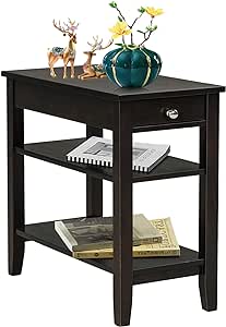 Giantex End Table with Drawer, Narrow Side Table with 2-Tier Open Storage Shelves, Slim Side End Table Compact Nightstand Bedside Table for Living Room Bedroom Small Space, Espresso