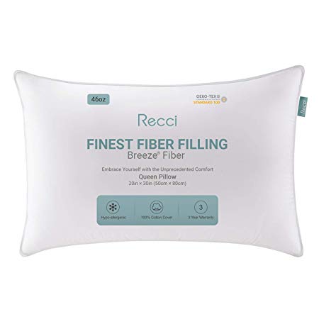 Recci Breeze Fiber Pillow Queen Size - Bed Pillows for Sleeping, The Finest Breeze Fiber Filled Gel Pillow, Adjustable Pillow Height, Down Alternative Hypoallergenic Pillow, Queen Pillow