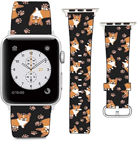 nobrand (Corgi Dog and Paws) Patterned Leather Wristband Strap Compatible with Apple Watch Series 5/4/3/2/1 gen,Replacement for iWatch 38mm / 40mm Bands