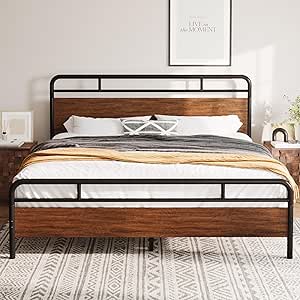 Allewie King Size Platform Bed Frame with Wooden Headboard and Footboard, Heavy Duty 13 Metal Slats Support, Under Bed Storage, No Box Spring Needed, Noise Free, Easy Assembly, Walnut