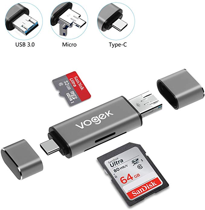 VOGEK SD Card Reader, 3-in-1 USB 3.0 / USB C/Micro USB Card Reader - SD, Micro SD, SDXC, SDHC, Micro SDHC, Micro SDXC Memory Card Reader for MacBook PC Tablets Smartphones with OTG Function, Gray