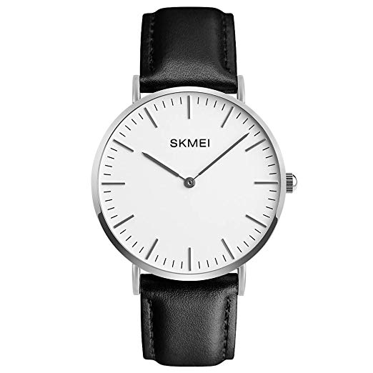 Skmei Thin Dial Wrist Watch Casual Classic Quartz Wrist Business Analog Watch with 1.57 Inches, Silver Case Black Leather Band