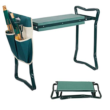 Dporticus 2 in 1 Foldable Gardening Kneeler Seat Bench Portable Stool with EVA Kneeling Pad and 2 Pouches