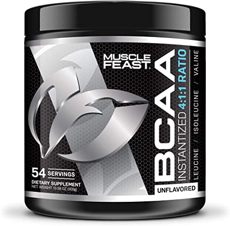 MUSCLE FEAST BCAA Powder 4:1:1 Ratio, Keto Friendly, Sugar Free, Post Workout Recovery, 54 Servings (300 Gram, Unflavored)