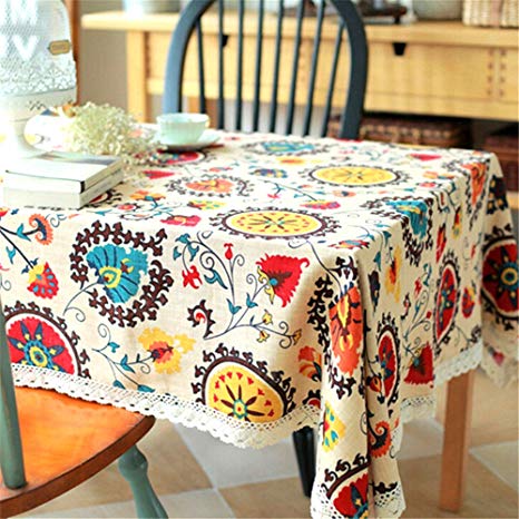 Lahome Bohemian Sunflower Tablecloth - Cotton Linen Table Cover Kitchen Dining Room Restaurant Party Decoration (Rectangle - 55" x 86", Sunflower)