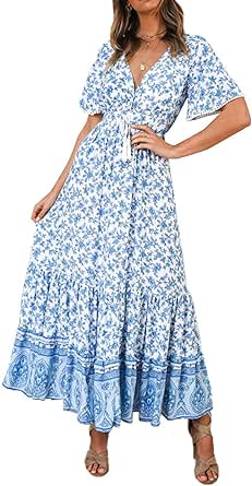 R.Vivimos Womens Summer Cotton Short Sleeve V Neck Floral Print Casual Bohemian Midi Dresses