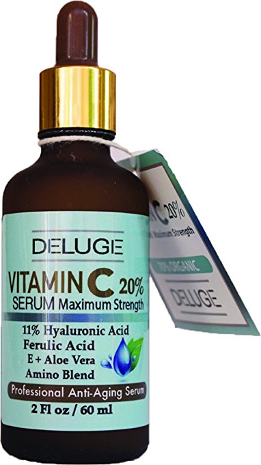 Vitamin C Serum for face with 20% Vitamin C, (NET WEIGHT 2 OZ). 11% Botanical Hyaluronic Acid, Ferulic Acid, E + Aloe Vera. Professional Anti-Aging Serum. Brightens Age Spots & Discoloration.