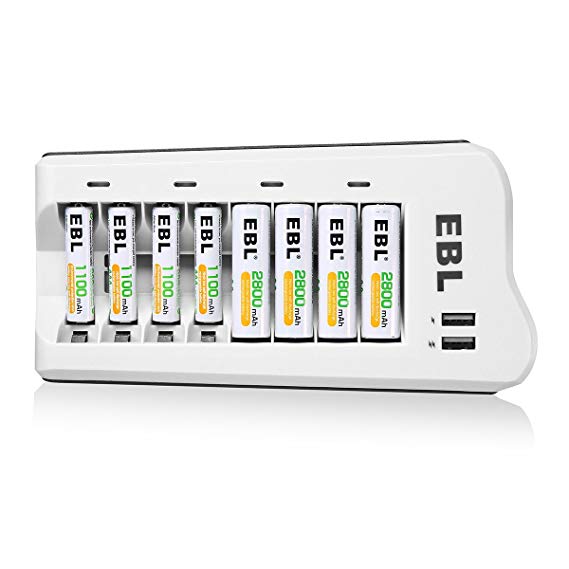 EBL Upgraded 8 Bay AA/AAA Charger USB Ports 4*AA & 4*AAA Rechargeable Batteries