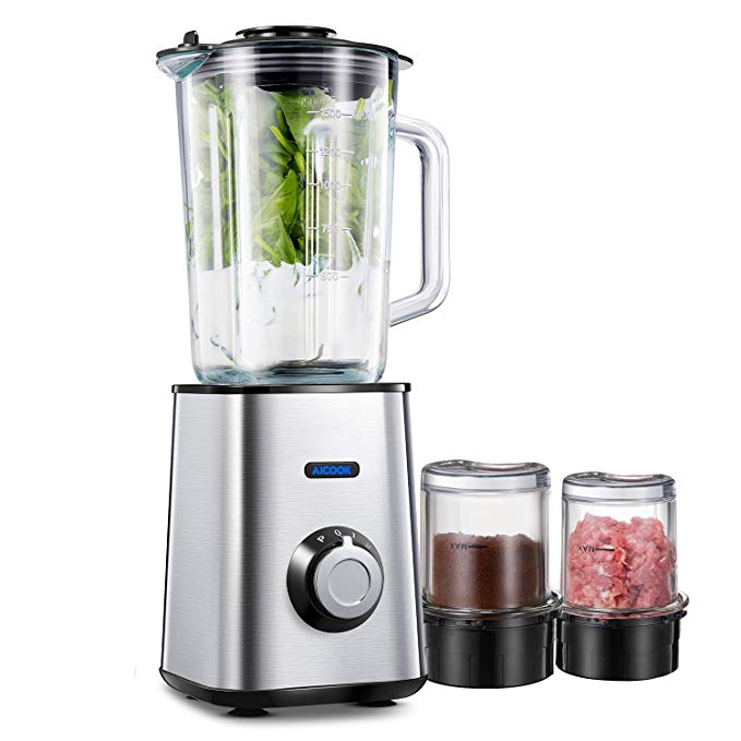 Blender, Aicook Smoothie Blender, Multifunctional Blender with 51.5oz Glass Jar, 8.5oz Grinding Cup, 8.5oz Meat Mincing Cup and 3 Titanium Coated Blades, Silver