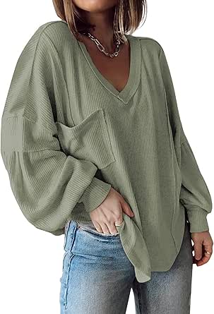 BTFBM Women's Casual V Neck Ribbed Knit Shirts 2024 Fall Pullover Tunic Tops Loose Balloon Long Sleeve Blouses Top