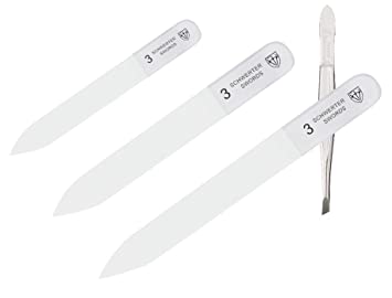 3 Swords Germany - Brand Quality Glass Nail File Set, 3 Pieces, Perfect for Natural Fake Gel Artificial Acrylic fingernail, incl. Plucking Tweezers & Tube case for Travel (432)