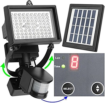 MicroSolar - 80 LED - Waterproof - Lithium Battery - Digitally Adjustable TIME & LUX with Buttons --- Adjustable Light Fixture from Left to Right, Up and Down // Outdoor Solar Motion Sensor Light