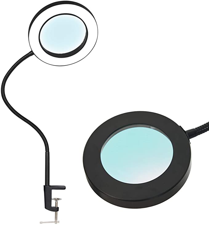 Psiven LED Magnifying Lamp with Clamp, Dimmable Magnifying Glass Desk Lamp with 23'' Gooseneck (3 Color Modes, 5'' Glass Lens, 5 Diopter) Adjustable LED Magnifier Lamp for Close Work, Reading, Crafts