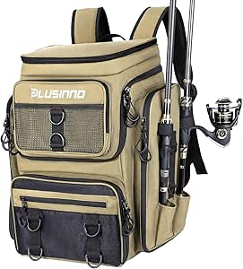 PLUSINNO Fishing Backpack with Rod Holders, 42L Large Water-resistant Fishing Tackle Bag Store Fishing Gear for Fishing, Camping, Hiking, Fishing Gifts for Men Father