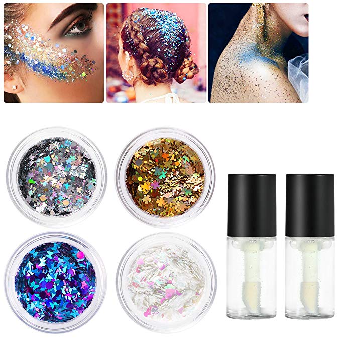 PIXNOR Face Glitter Chunky Glitter with Glitter Fix Gel Safe Non Toxic Glue for Body, Cheeks and Hair