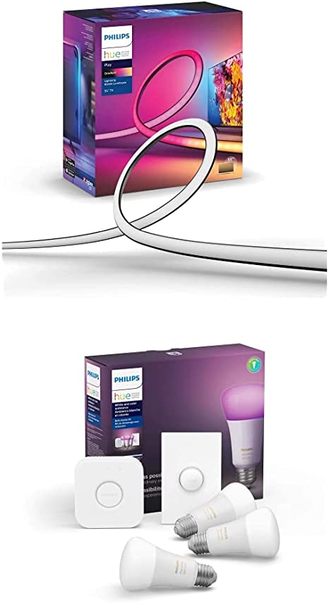 Philips Hue Gradient LightStrip 55"(Sync with TV, Music and Gaming), with Philips Hue White & Color LED Smart Button Starter Kit,(Compatible with Alexa, Apple HomeKit & Google Assistant)