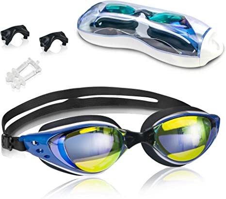 arteesol Swim Goggles, Anti Fog Swimming Goggles Crystal Clear 180° Panoramic Vision Mirrored with 100% UV Protective Coating with Protective Case and Earplug for Adults and Kids