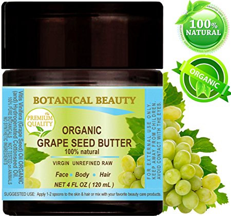 Botanical Beauty ORGANIC GRAPE SEED OIL BUTTER RAW. 100 % Natural / VIRGIN / UNREFINED. For Skin, Hair, Lip and Nail Care. 4 Fl. oz. - 120 ml.