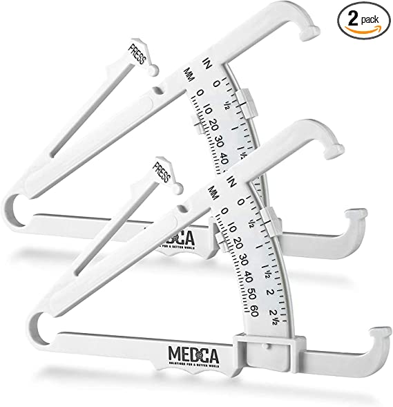 Skinfold Body Fat Caliper - Skin Fold Body Fat Analyzer and Handheld BMI Measurement Tool Skinfold Caliper Device Measures Body Fat for Men and Women by MEDca - (Pack of 2, White)