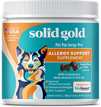 Solid Gold Dog Allergy Relief Chews - Dog Itch Relief with Omega 3 Wild Alaskan Salmon Fish Oil   Colostrum & Beta Glucan - Anti Itch & Hot Spots   Seasonal Allergies - Bacon Flavor - 120 Count