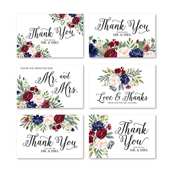 24 Floral Navy Burgundy Wedding Thank You Cards With Envelopes, Elegant Bridal Shower Thank You Note From The New Mr. & Mrs. Newlywed Wine Flower Gratitude Supplies, 4x6 Personalized Bulk Stationery