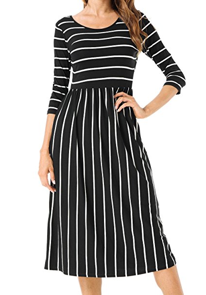 Levaca Women's Plain Scoop Neck Pockets Pleated Loose Swing Casual Midi Dress