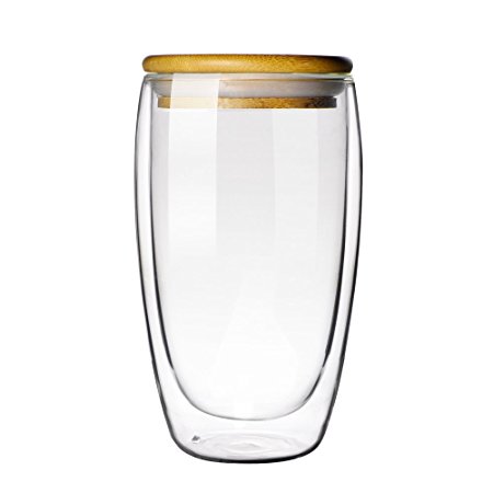 Double-wall Borosilicate Glass Cup Coffee Mug Cup 16 oz (bamboo lid)