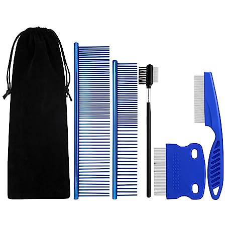Pet Grooming Comb Kit - Flea Combs for Dog and Cat, 5Pcs Lice Combs and Tear Stain Remover Comb with Stainless Steel Teeth, Professional Pet Grooming Tool with Portable Bag for Removing Knots & Tangle