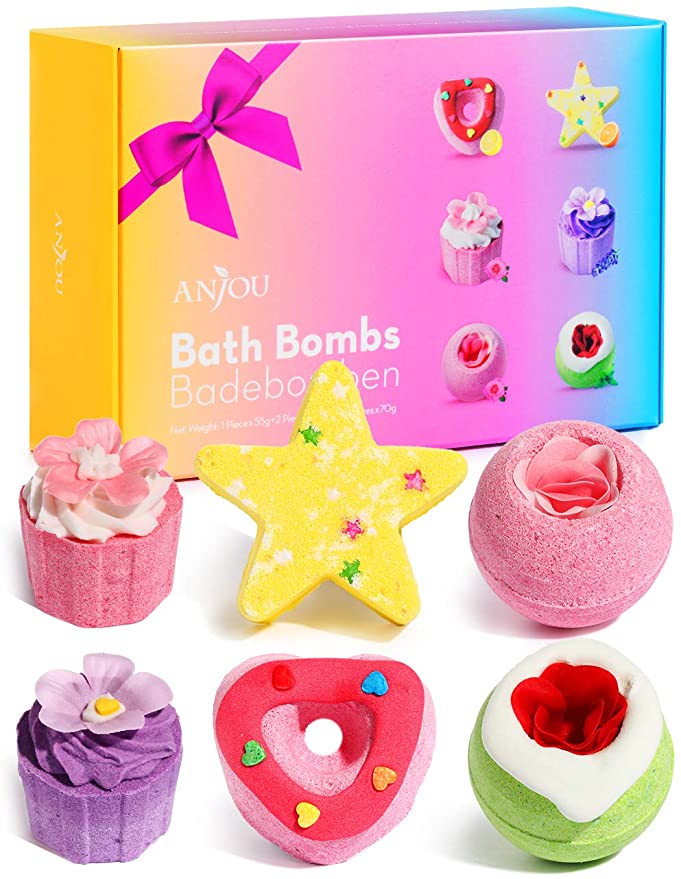 Anjou Bath Bombs Gift Set, 6pcs Natural Essential Oil Aroma Bubble Bath, Fizzy Spa for Moisturizing Skin, Organic Bath Bombs, Christmas & Birthday Gift Kit Ideas for Girls Women Moms Kids