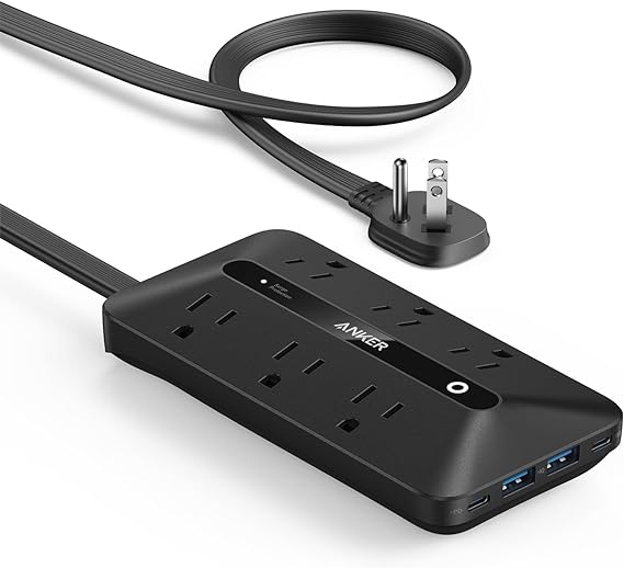 Flat Plug Power Strip, Anker USB C Power Strip, 10-in-1 Ultra Thin Power Strip with 6 AC, 2 USB A and 2 USB C Ports,5ft Extension Cord, Desk Charging Station,Home Office College Dorm Room Black