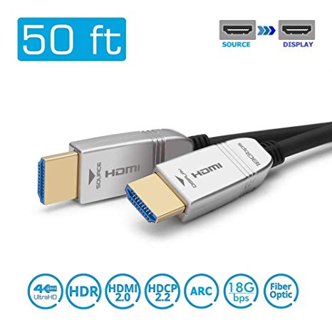 FeizLink HDMI Fiber Cable 4K60Hz 50ft, Fiber Optic HDMI2.0 Cable, HDR, ARC, HDCP2.2, Subsampling 4:4:4/4:2:2/4:2:0 Slim and Flexible HDMI Fiber Optic Cable 15m