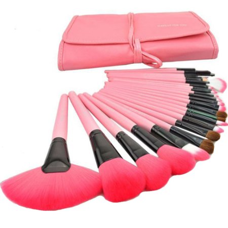 Leegoal Professional Bridal Eye Lip Powder Face Makeup Brush Set With Leather Bag (24pcs,Pink)