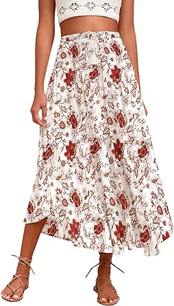 Zeagoo Womens Flowy Pleated Skirts A Line Elastic High Waisted Midi Skirt Boho Casual Long Skirts Brown Leaf Print XXL