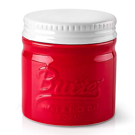 DOWAN Porcelain Butter Keeper Crock, Mason Jar Style Butter Crock, French Butter Dish with Lid, Embossed Butter Container for Soft Butter, Red