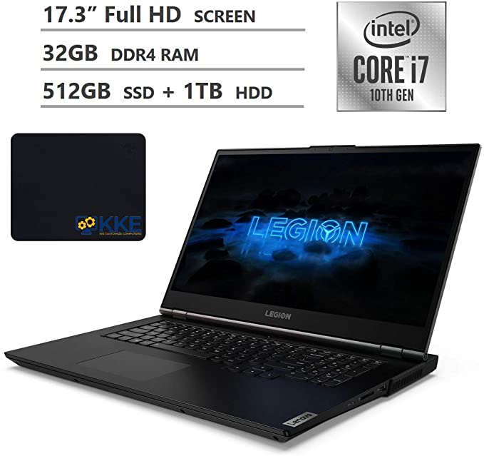 Lenovo Legion 5i Gaming Laptop, 17.3" Full HD IPS Screen, 10th Gen Intel Core i7-10750H Processor, NVIDIA GeForce GTX 1650 Ti, 32GB RAM, 512GB SSD   1TB HDD, Backlit Keyboard, Windows 10, KKE Mousepad