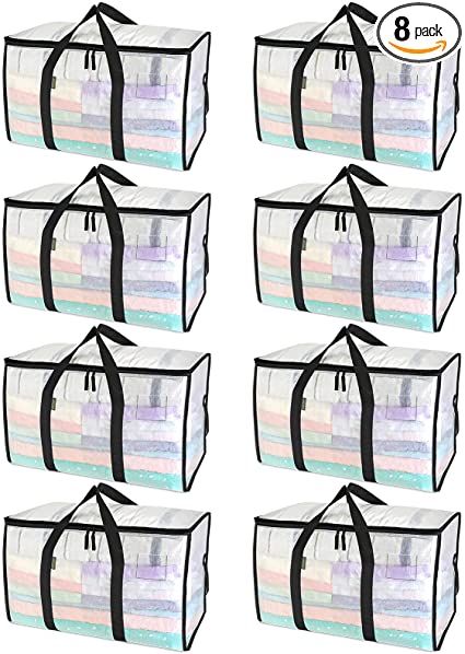 BALEINE 8-Pack Oversized Moving Bags with Reinforced Handles, Heavy-Duty Storage Tote for Clothes, Moving Supplies (Clear)