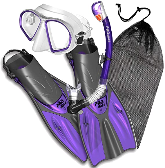 Promate Snorkel Set Snorkeling fins mask and Dry Snorkel Gear Bag Set for Adult Youth Snorkeling Set