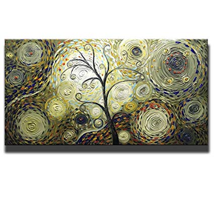 Asdam Art - Vintage Hand Painted 3D Paintings On Canvas Tree Artwork Abstract Wall Art for Living Room Bedroom Dinningroom Pictures Gold Brwon (24x48inch)