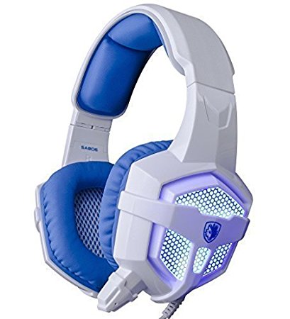 Sades SA-806 USB 3.5mm Professional Stereo Gaming Headphone Blue Led Lighting Headsets with Microphone for Laptop PC(White-Blue)