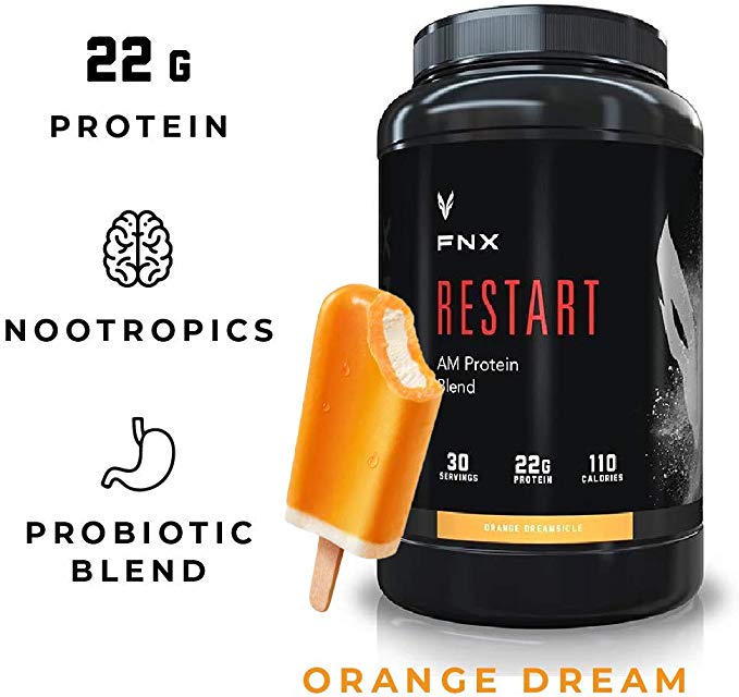 FNX Restart AM Brain Boosting Morning Protein Shake Powder Supplement Blend with Nootropics, Caffeine, Probiotics, and 22 Grams Protein per Serving, Orange Dreamsicle