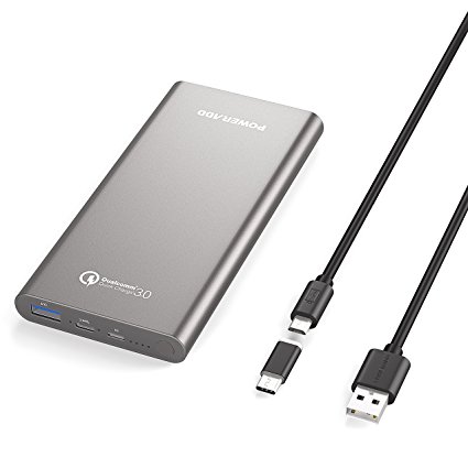 Poweradd Pilot 2GS 10000mAh Portable Charger (Quick Charge 3.0 & USB-C Output 4.8A), Slim Power Bank for iPhone, Samsung, Nintendo Switch and More - Grey (Type-C Adapter Included)