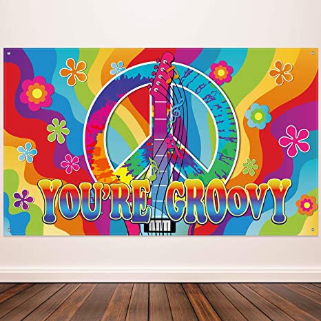 60's Theme Party Decorations, Groovy Sign 60's Party Scene Setters Wall Decoration 60s Photo Backdrop Banner with Rope for Hippie Theme Groovy Party, 72.8 x 43.3 Inch