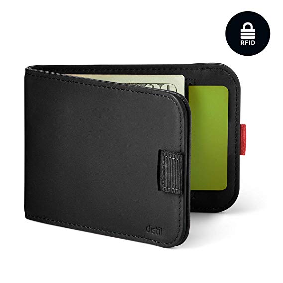 Wally Bifold Wallet with Retracting Pull-Tabs – Distil Union slim leather billfold with money clip (Black with RFID Shielding)
