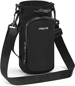 MOSISO Water Bottle Holder with Phone Pocket, 25oz / 32oz Water Bottle Carrier Bag with Adjustable Strap & Handle for Walking, Hiking, Camping, Travelling, Black