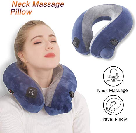 Travel Neck Massage Pillow Inflatable - Kmall 3D Cervical Neck and Massger,U Shaped Kneading Massage Pillow for Shoulder Leg Body Muscle Pain Relief Use at Airplane Car Home Office, Blue Grey