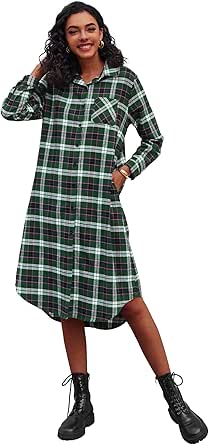 Ekouaer Women's Nightgown Plaid Flannel Warm Cotton Christmas Nightgown Sleep Shirt Button-Front Nightshirt Sleepwear