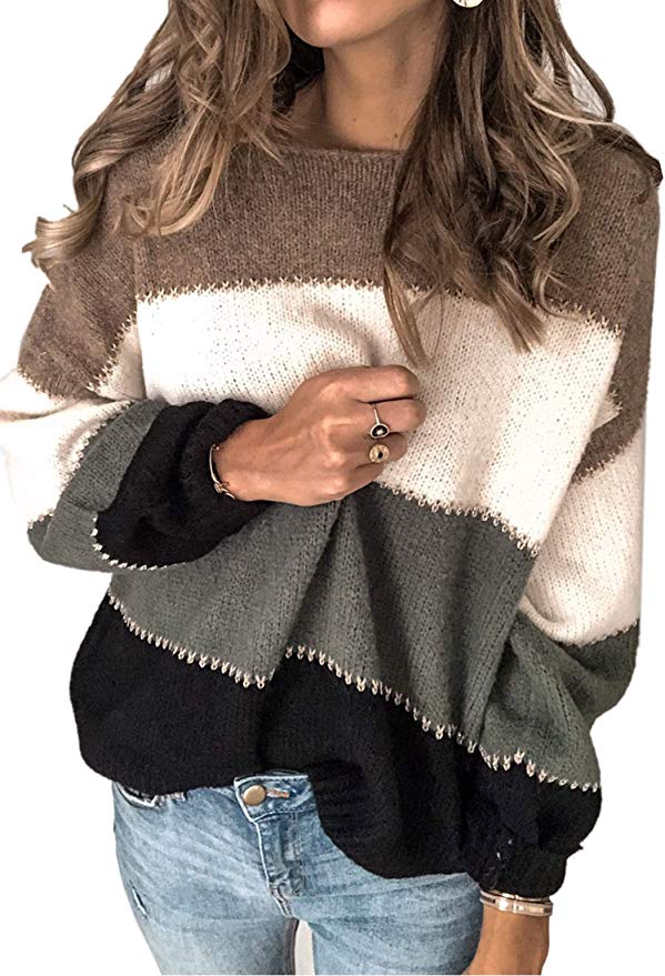 Angashion Women's Sweaters Casual Long Sleeve Crewneck Color Block Patchwork Pullover Knit Sweater Tops