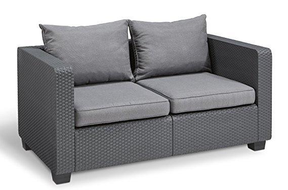 Keter Salta All Weather Outdoor Patio Furniture Loveseat 2-Seater Sunbrella Cushions in a Resin Plastic Wicker Pattern, Modern Graphite/Cool Grey