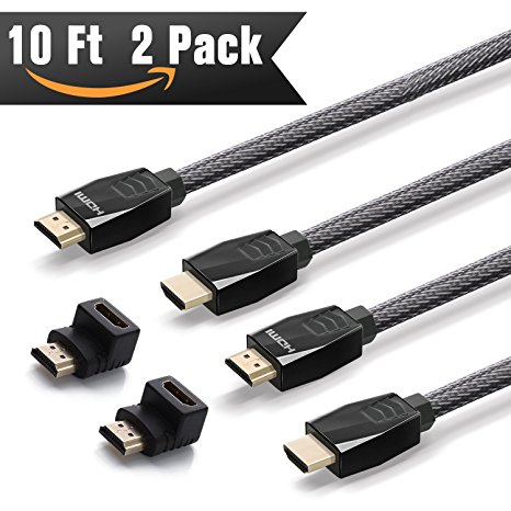 HDMI Cable 10 ft 2 Pack ( The Highest Speed ) 4K HDMI 2.0 Cord, Nylon Braided Cable 18Gbs Support Ethernet, ARC, UHD, 3D, HDR for 4K/HD TVs, PS4/3, Xbox one, PC, Displays and More   Right Angle Adapter